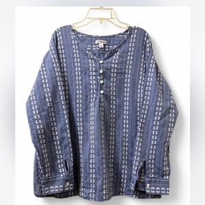 Blue and white striped button-down shirt with a relaxed boho style, size XL